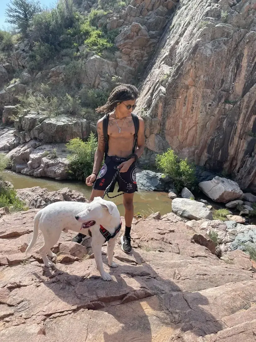 Hiker and a golden dog on a rocky trail