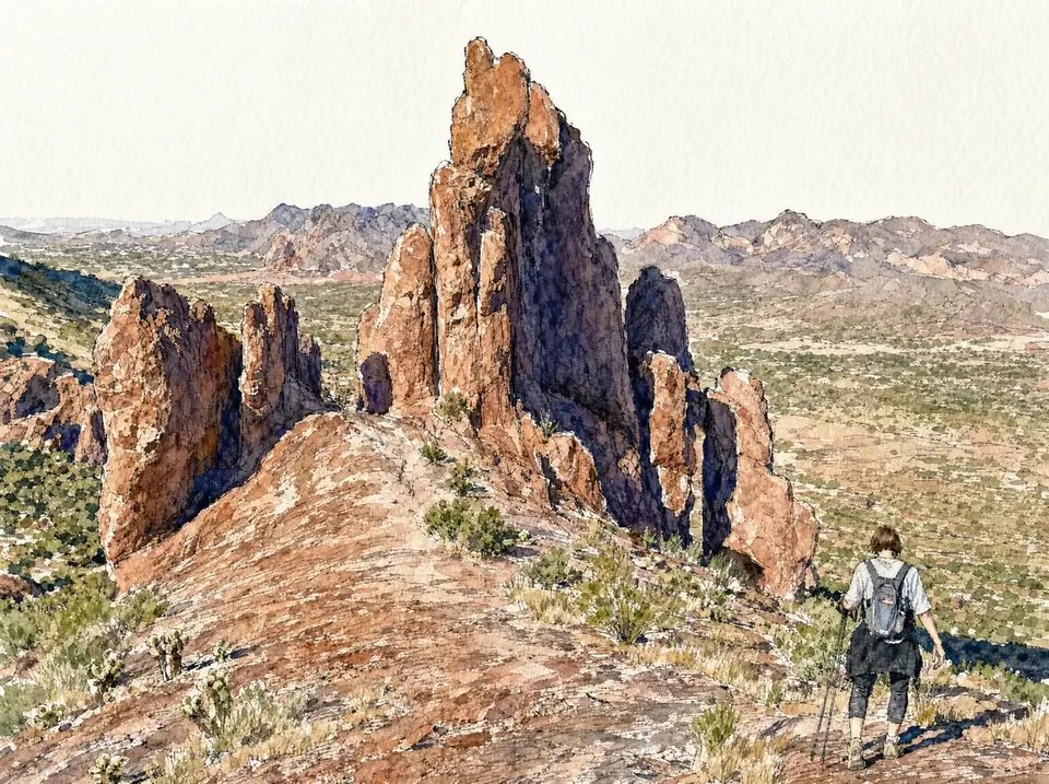 Hiker with trekking poles heading toward a tall rock spire in the Superstition Mountains
