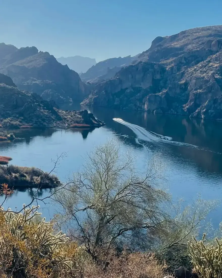 Butcher Jones cove at Saguaro Lake, blue water between desert cliffs