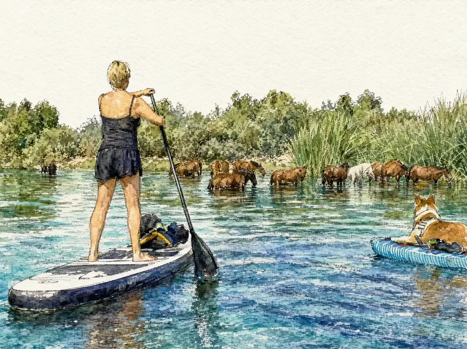 Paddleboarder on the Salt River with wild horses wading ahead and a dog riding the next board