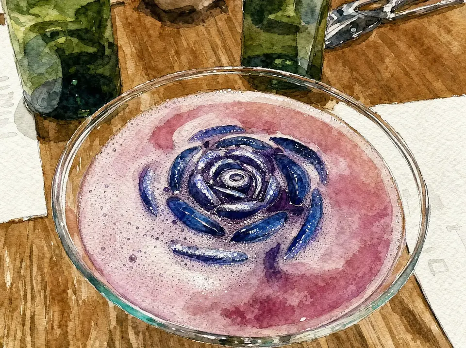 A purple cocktail topped with a rose on a wooden table