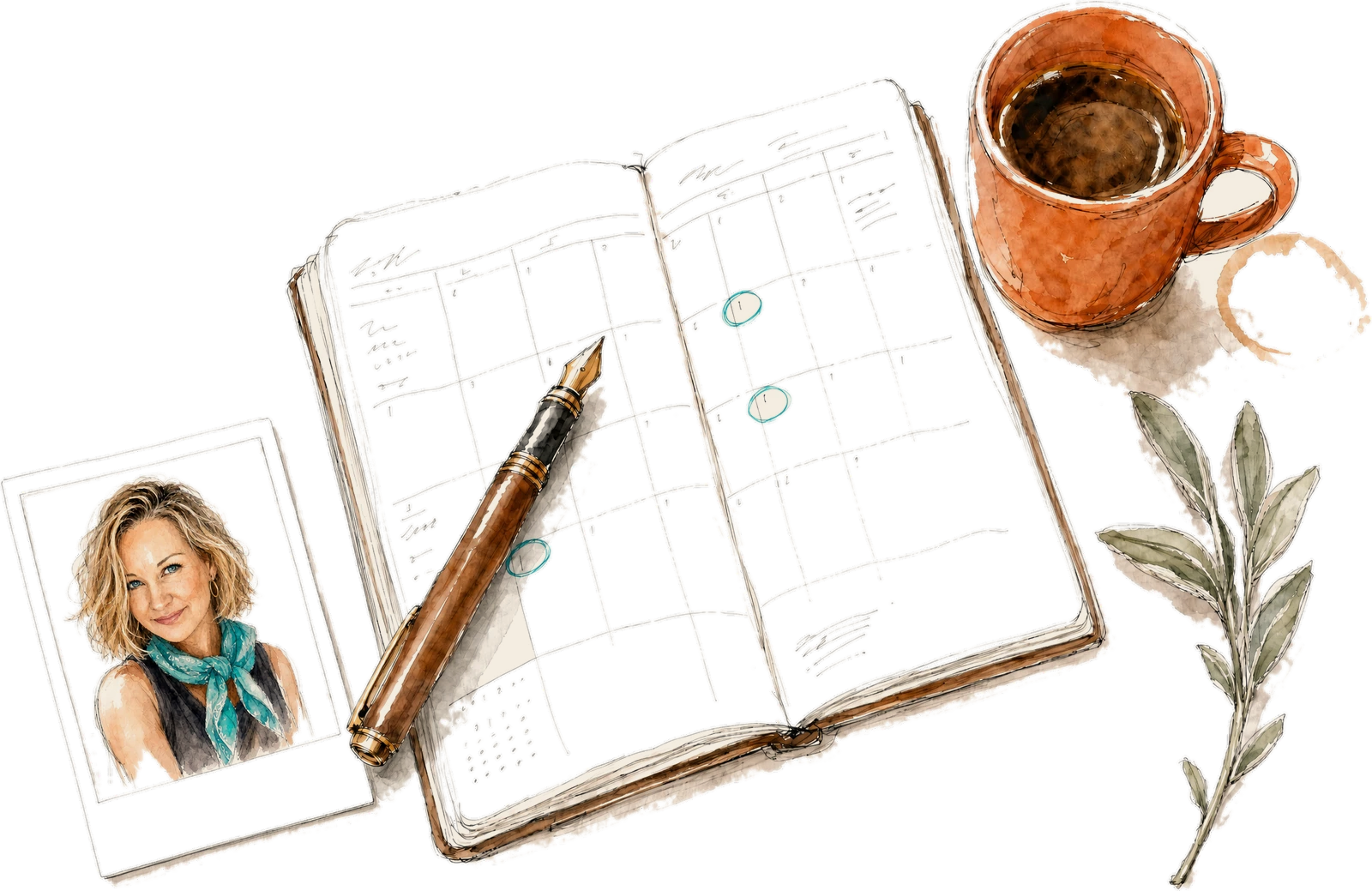 A sketch of Holly's desk: a planner with circled dates, a pen, a coffee, and a polaroid of Holly